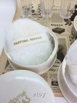 Two Vintage Madam Rochas Dusting Powder Bowls with Original puffs and 3 Perfume bottles