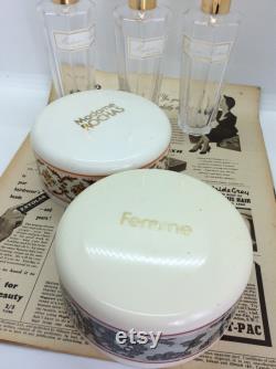Two Vintage Madam Rochas Dusting Powder Bowls with Original puffs and 3 Perfume bottles