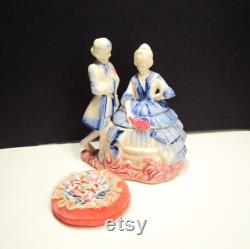 Unique Powder Dish, Vintage Porcelain Victorian Couple with Powder Dish in the Woman's Skirt w POOF PAD, Victorian Couple Dish Art Decor,MER