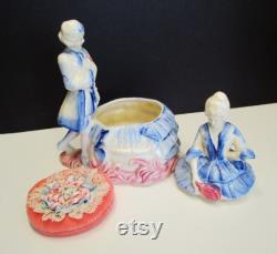 Unique Powder Dish, Vintage Porcelain Victorian Couple with Powder Dish in the Woman's Skirt w POOF PAD, Victorian Couple Dish Art Decor,MER