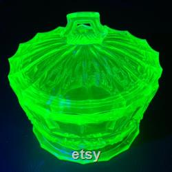 Uranium Glass Powder Jar, Large Art Deco Lidded Powder Jar, Uranium Green Pressed Glass, Immaculate Condition, 4.75 x 4 , Circa 1940