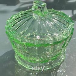 Uranium Glass Powder Jar, Large Art Deco Lidded Powder Jar, Uranium Green Pressed Glass, Immaculate Condition, 4.75 x 4 , Circa 1940