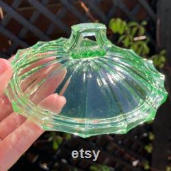 Uranium Glass Powder Jar, Large Art Deco Lidded Powder Jar, Uranium Green Pressed Glass, Immaculate Condition, 4.75 x 4 , Circa 1940