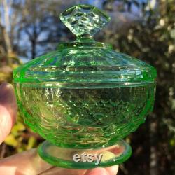 Uranium Green Glass Lidded Powder Jar, Trinket Pot, 1930's Art Deco, Immaculate Condition, 2 Sizes Available, 3 x 3 or 3.25 x 3.5