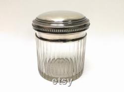 VANITY CRYSTAL JAR Large 19th century French faceted crystal jar with sterling silver topper