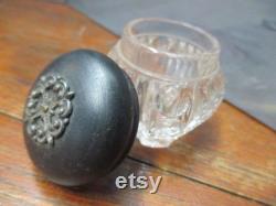 VANITY JAR Vintage Pressed Glass Vanity Jar with NICE Ebony Wood Lid Great Jelwiey Ring or Trinket Dish elegant mid centur decor storage