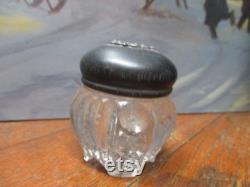 VANITY JAR Vintage Pressed Glass Vanity Jar with NICE Ebony Wood Lid Great Jelwiey Ring or Trinket Dish elegant mid centur decor storage