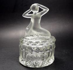VINTAGE Art Deco Nude Frosted Woman Lid Bedroom Powder Jar Trinket Box Art Depression Glass