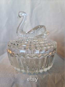 VINTAGE CUT GLASS swan powder box vintage panel glass box with swan lid dresser box swan trinket box glass swan lip stick holder box
