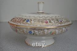 VINTAGE THOMAS IVORY Porcelain Powder Bowl Bavaria Germany Heavy Gold Scroll and Floral Motif