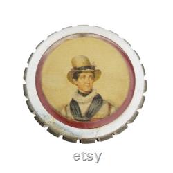 VTG Art Deco French Victorian Powder Trinket Jewelry Snuff Box Portrait Italy Old Vanity Decor Woman with Hat Swing out Lid
