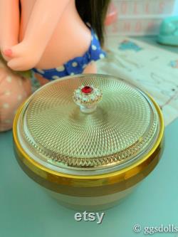 VTG Japan Kitsch Gold Jewelry Music Powder Box with Faux Ruby