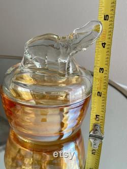 VTG Jeanette Marigold and Clear Glass Elephant Lidded Powder Jar Vanity Dish