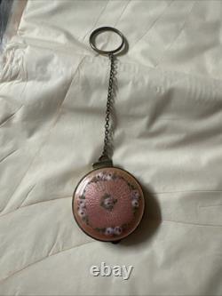 VTG STERLING SILVER GUILLOCHE ENAMEL POWDER BOX WithRING CHAIN