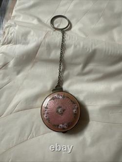 VTG STERLING SILVER GUILLOCHE ENAMEL POWDER BOX WithRING CHAIN
