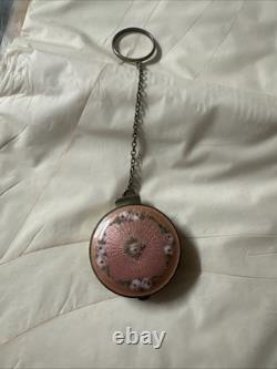 VTG STERLING SILVER GUILLOCHE ENAMEL POWDER BOX WithRING CHAIN