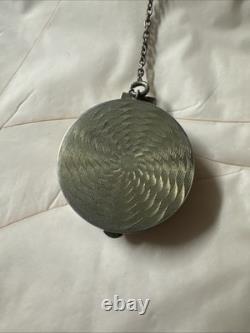 VTG STERLING SILVER GUILLOCHE ENAMEL POWDER BOX WithRING CHAIN