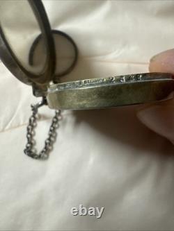 VTG STERLING SILVER GUILLOCHE ENAMEL POWDER BOX WithRING CHAIN