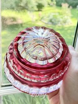 Val St Lambert Round Cranberry Cut With Facets To Clear Powder Box, signed