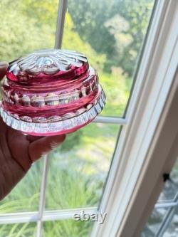 Val St Lambert Round Cranberry Cut With Facets To Clear Powder Box, signed