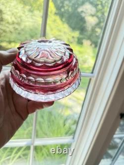 Val St Lambert Round Cranberry Cut With Facets To Clear Powder Box, signed