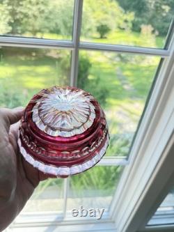 Val St Lambert Round Cranberry Cut With Facets To Clear Powder Box, signed