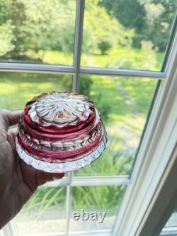 Val St Lambert Round Cranberry Cut With Facets To Clear Powder Box, signed