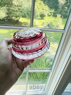 Val St Lambert Round Cranberry Cut With Facets To Clear Powder Box, signed