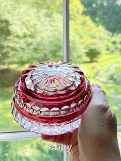 Val St Lambert Round Cranberry Cut With Facets To Clear Powder Box, signed