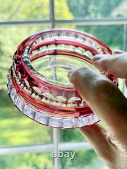 Val St Lambert Round Cranberry Cut With Facets To Clear Powder Box, signed