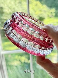 Val St Lambert Round Cranberry Cut With Facets To Clear Powder Box, signed