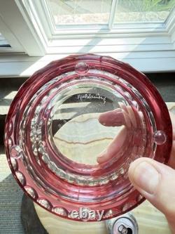 Val St Lambert Round Cranberry Cut With Facets To Clear Powder Box, signed