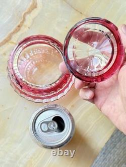 Val St Lambert Round Cranberry Cut With Facets To Clear Powder Box, signed