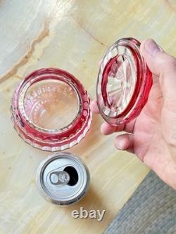 Val St Lambert Round Cranberry Cut With Facets To Clear Powder Box, signed