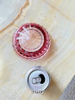 Val St Lambert Round Cranberry Cut With Facets To Clear Powder Box, signed