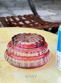 Val St Lambert Round Cranberry Cut With Facets To Clear Powder Box, signed