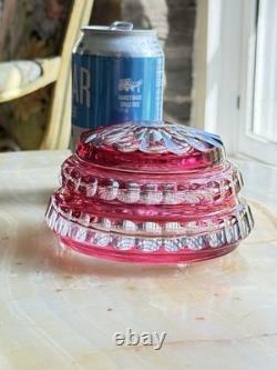 Val St Lambert Round Cranberry Cut With Facets To Clear Powder Box, signed
