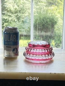 Val St Lambert Round Cranberry Cut With Facets To Clear Powder Box, signed