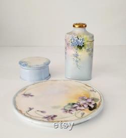 Vanity Accessories Limoges Hand Painted Blue Purple Floral Motif SEE DESCRIPTION