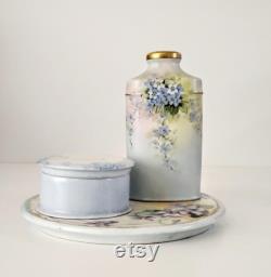 Vanity Accessories Limoges Hand Painted Blue Purple Floral Motif SEE DESCRIPTION