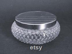 Vanity Powder Box Clear Hobnail Glass and Silver-Tone Metal Striped Lid