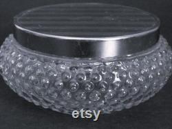 Vanity Powder Box Clear Hobnail Glass and Silver-Tone Metal Striped Lid