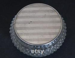 Vanity Powder Box Clear Hobnail Glass and Silver-Tone Metal Striped Lid