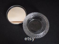 Vanity Powder Box Clear Hobnail Glass and Silver-Tone Metal Striped Lid