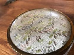 Vanity Powder Jar Clear Ribbed Depression Glass with Tulips Tapestry Look Gold Lid Vintage 1940's Boudoir Trinket Jewelry Box