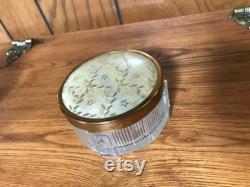 Vanity Powder Jar Clear Ribbed Depression Glass with Tulips Tapestry Look Gold Lid Vintage 1940's Boudoir Trinket Jewelry Box