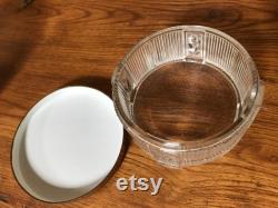 Vanity Powder Jar Clear Ribbed Depression Glass with Tulips Tapestry Look Gold Lid Vintage 1940's Boudoir Trinket Jewelry Box