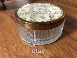 Vanity Powder Jar Clear Ribbed Depression Glass with Tulips Tapestry Look Gold Lid Vintage 1940's Boudoir Trinket Jewelry Box