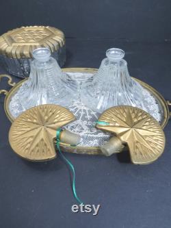 Vanity Powder Jar PLUS 2 Perfume Bottles, Cut Glass Set, Art Deco, Gold Lid and Stoppers, Vintage