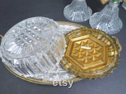 Vanity Powder Jar PLUS 2 Perfume Bottles, Cut Glass Set, Art Deco, Gold Lid and Stoppers, Vintage